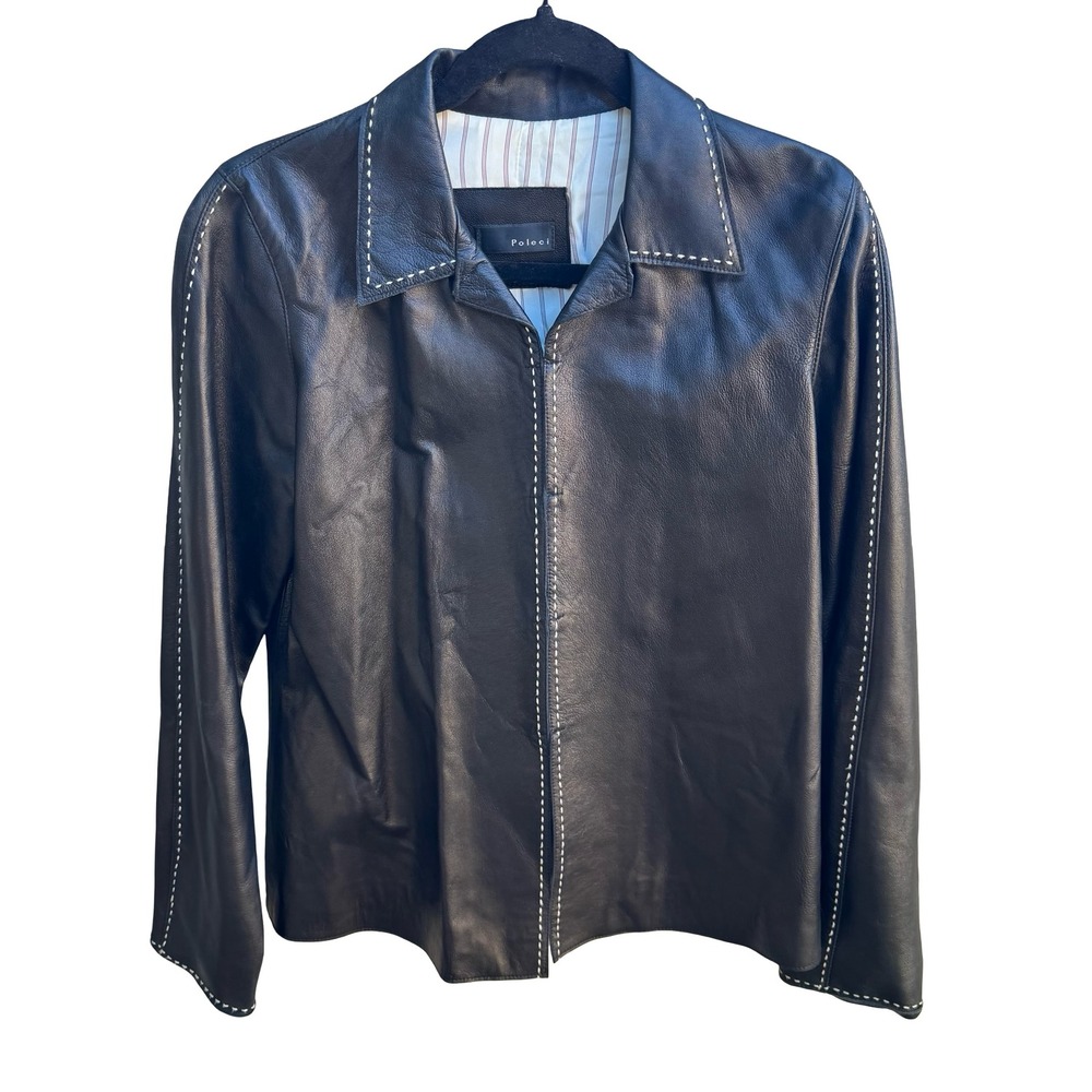Poleci Y2K Minimalist Quiet Luxury Moto Edgy Contrast Stitch Leather Jacket M